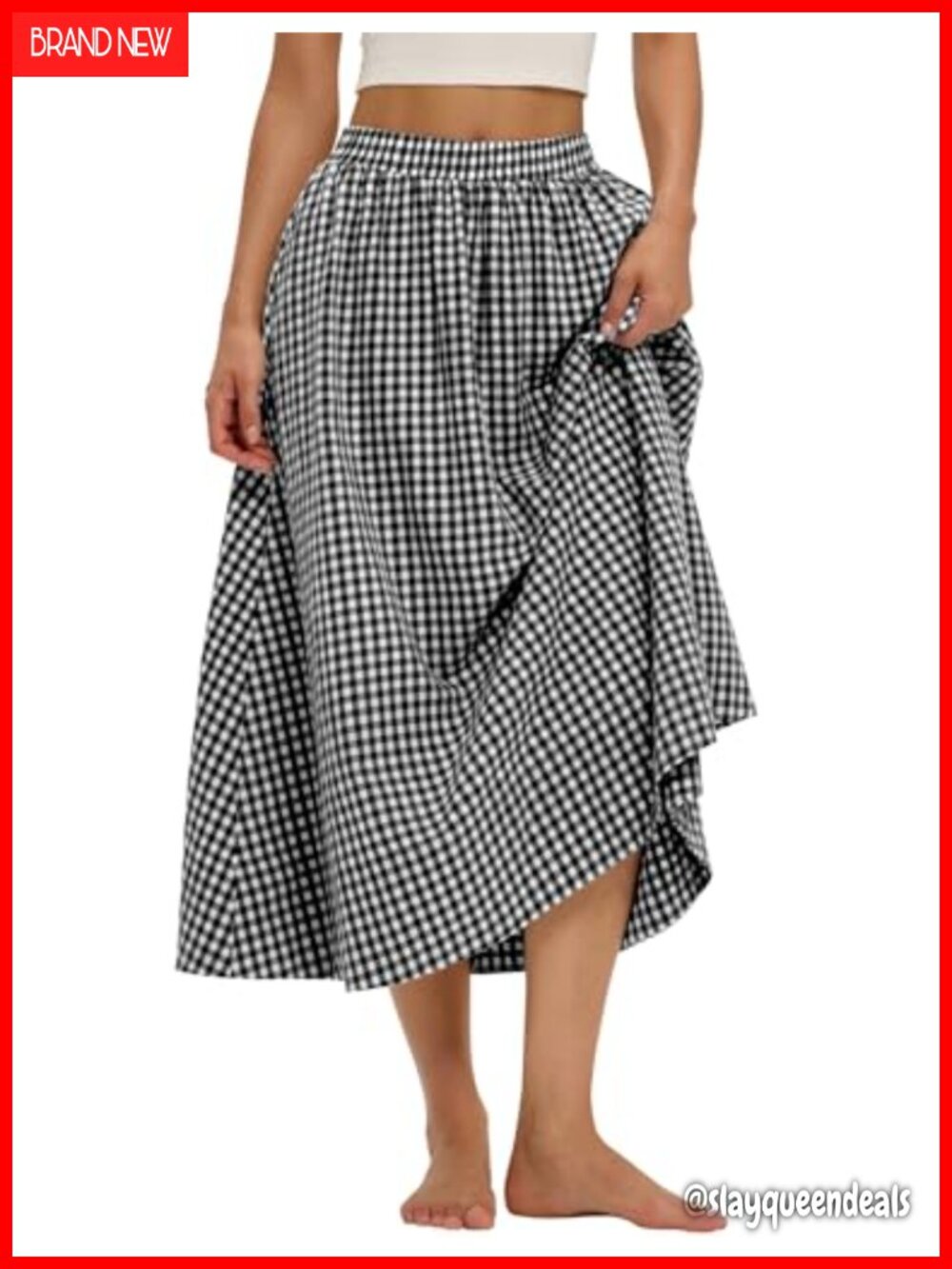 Cotton Midi Skirt with Pockets A-Line Flowy Elastic Waist
